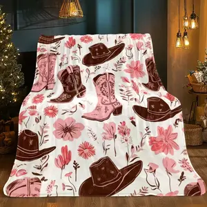 Western Cowboy Boots & Hats Throw Blanket - Soft Flannel Lightweight All-Season Bedspread - Pink & Brown Cowgirl Design with Floral & Western Motifs - Perfect for Sofa, Bed, Camping, Travel