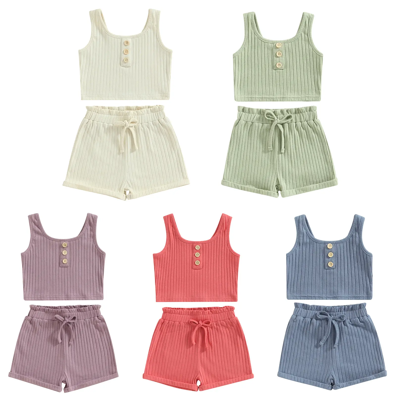Toddler Girl Summer Outfits Baby Ribbed Knit Solid Color Buttons Tank Tops Drawstring Shorts Two Piece Litte Kids Suit 1-8 Years #Springtok