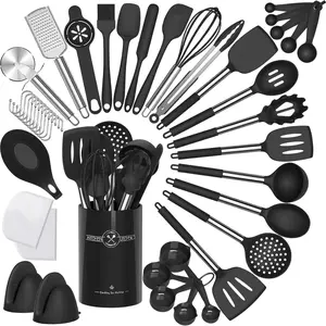 43 pcs Silicone Kitchen Cooking Utensils Set Heat Resistant Kitchen Utensils, Black Kitchen Gadgets Tools Set with Stainless Steel Handles for Non-Stick Cookware