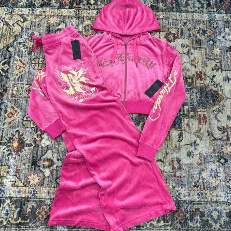 Y2k Tracksuit Sets - Pink Velvet Hoodie & Jogger Set with Y2k Tracksuit Sets - Pink Velvet Hoodie & Jogger Set with