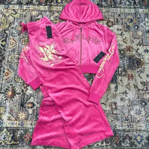 Y2k Tracksuit Sets - Pink Velvet Hoodie & Jogger Set with Embroidered Phoenix Design