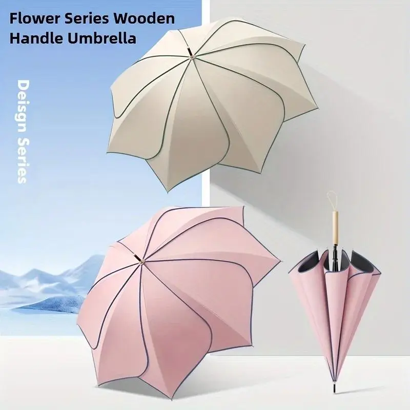 Flower Petals Sunshade UV Umbrella Women Luxurious Outdoor Wooden Handle UV Resistant Long Handle Umbrella All-weather Umbrella