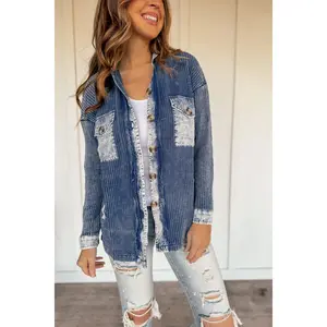Vintage Waffle Lightweight Shacket in Light Navy