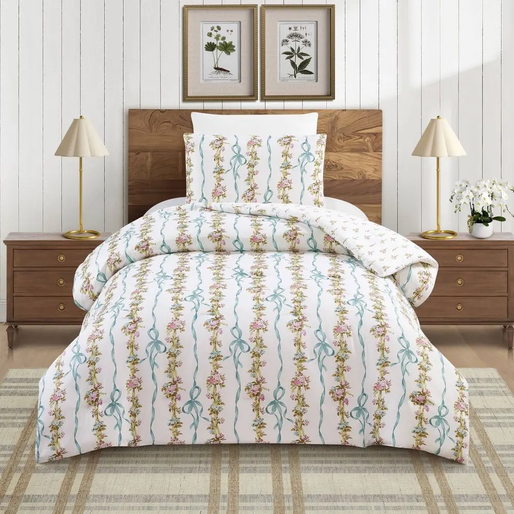 Modern Heirloom 2-Piece Twin/Twin XL Bow & Floral Reversible Comforter Bedding Set - Recycled Poly, Year-Round Cozy, for Bedroom Decor