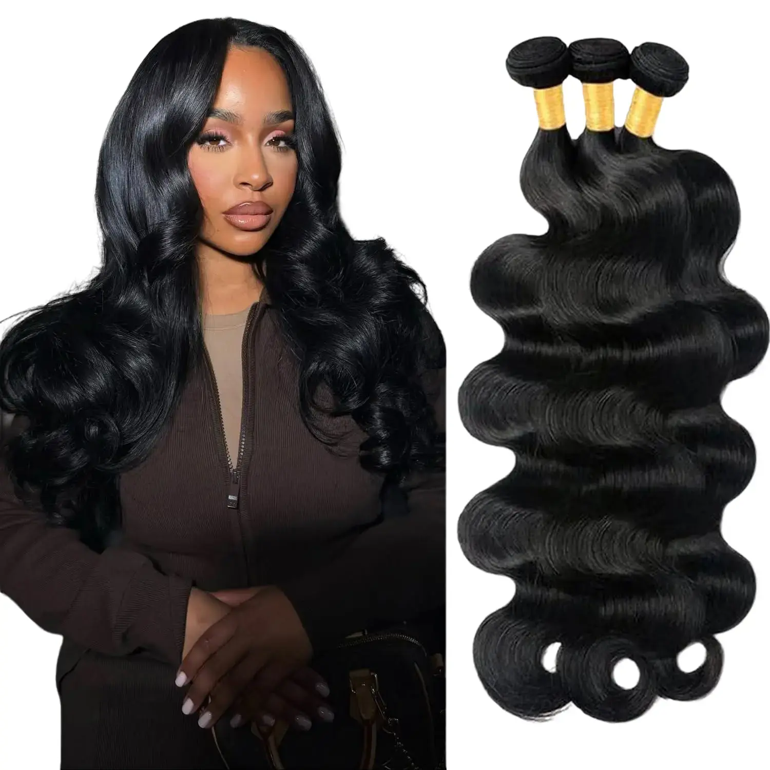 Sungirl 100% Unprocessed Brazilian Virgin Human Hair Bundles, 14-14-16-16 Inch Body Wave, 3 Bundles Hair Extensions for Black Women, Natural Black