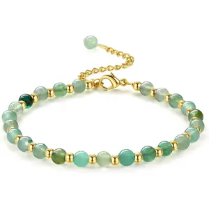 Women's Bead Bracelet 5MM Natural Stone 3MM Stainless Steel Beads Adjustable Gold Plated Crystal Bohemian Jewelry, Comes with Gift Box