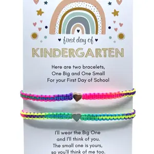 First Day Kindergarten VPK Pre-K Mommy an Me Bracelets, Rainbow Colorful Matching, Gold Heart 14K, Waterproof, Adjustable