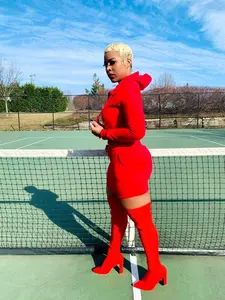 Fine Wine Skirt Set - Sporty Red Crop Hoodie Sweatshirt & High Waisted Matching Skirt
