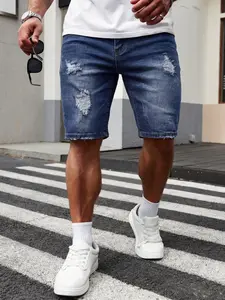 Men's Regular Fit Ripped Jeans, Fitted Casual Streetwear Fashion Distressed Frayed Hem Denim Shorts for Summer, Fashion Menswear Men's Bottoms for Daily Wear Pocket