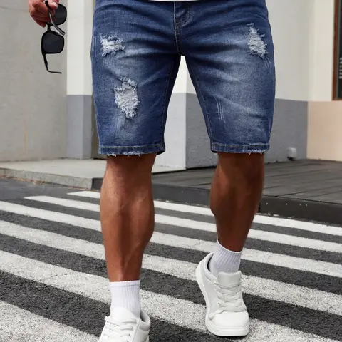 Men's Regular Fit Ripped Jeans with Pockets, Casual Fitted Streetwear, Fashion Distressed Look Denim Shorts for Summer, Men's Bottoms for Daily Wear, Menswear