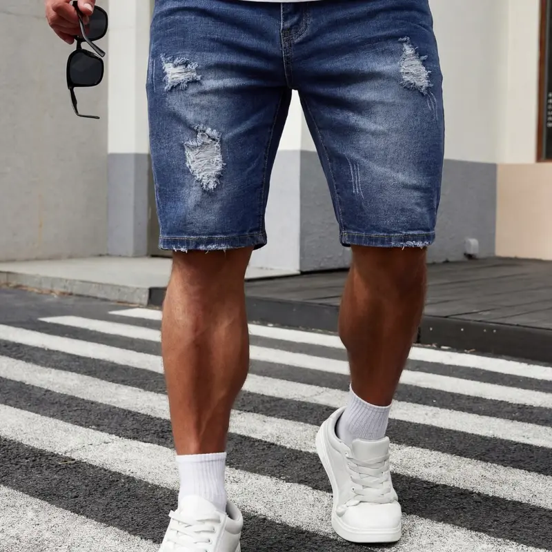 Men's Regular Fit Ripped Jeans with Pockets, Casual Fitted Streetwear, Fashion Distressed Look Denim Shorts for Summer, Men's Bottoms for Daily Wear, Menswear