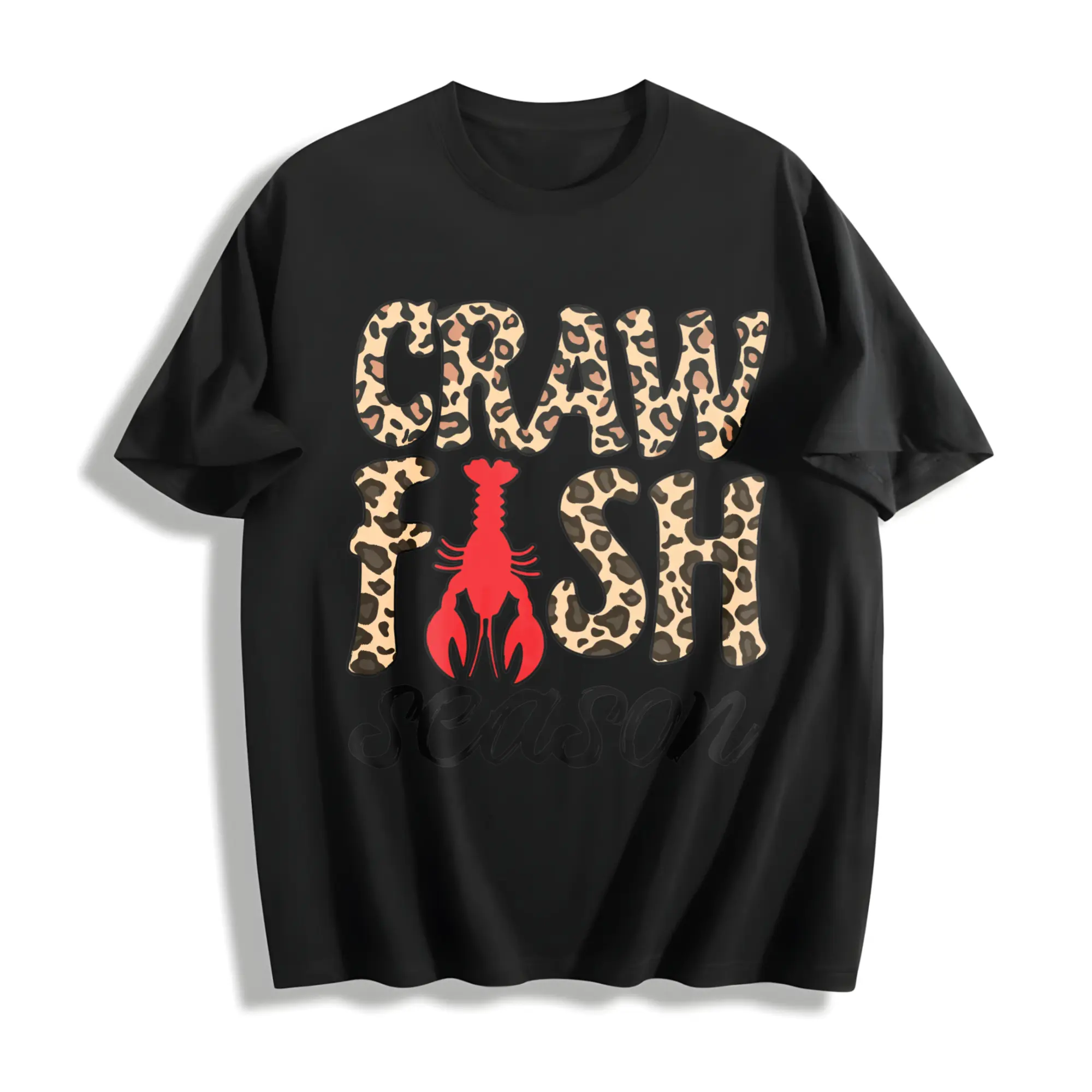 Men's Cotton Round Neck Short Sleeve Leopard Crawfish Season T-Shirt - Cajun Food Themed Streetwear, Seafood Lover Gift For Her, Gym, Casual