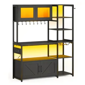 Sikaic 45.3 Inches Farmhouse Coffee Bar with Power Outlet Black Sideboard Buffet Cabinet Sideboard Storage Cabinet