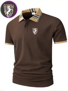 Men's Geometric Print Classic Polo Shirt, Slim-Fit Short Sleeve, Button Front, Business & Casual Wear, Organic Textile