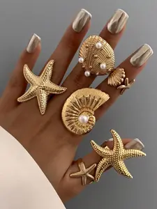 Women's Boho Style Zinc Alloy Ring Set, Adjustable Design, Stackable Finger Rings, Unique Sea Shell & Starfish Elements, Perfect for Daily Wear Jewelry