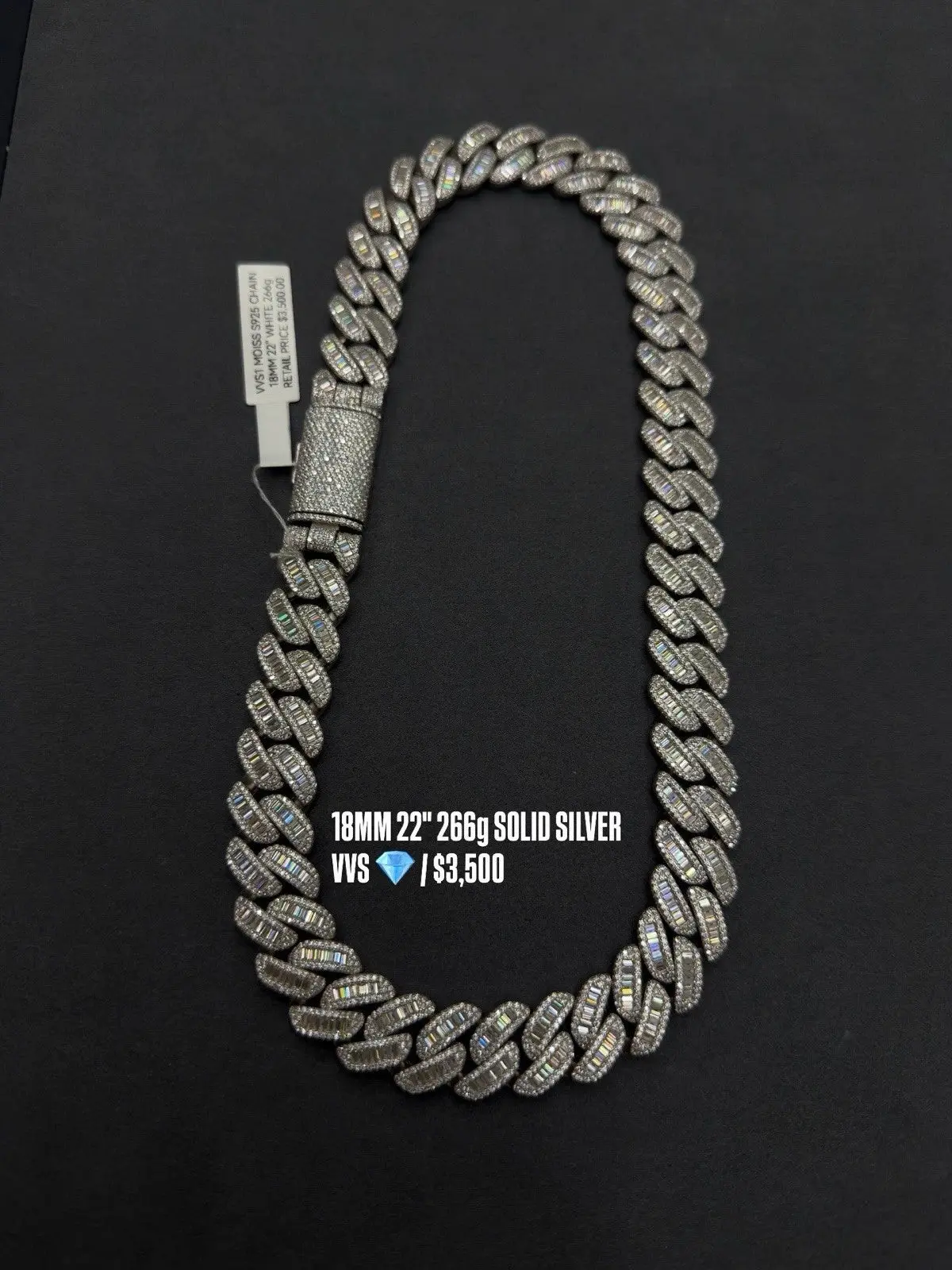 17mm Cuban Chain Baguette Setting — Moissanite, 925 Silver, Stone-To-Stone Shine, Full, Hand-Set, Passes Diamond Tester, Rhodium-Plated, Casual, Faze Jewelry, Daily, Metal Coating