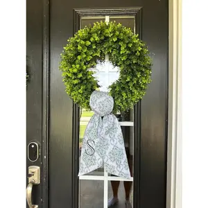 Monogrammed GreenToile Wreath Sash – Custom Chinoiserie Scarf for Elegant Door Dec