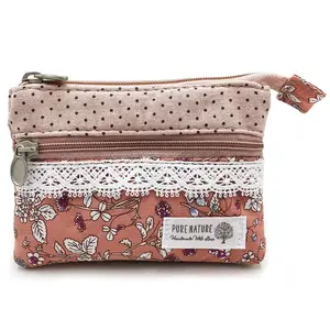 Women Small Zipper Purse  Handmade Fabric Flower Embroidered Change Pouch Cotton Double Wallet