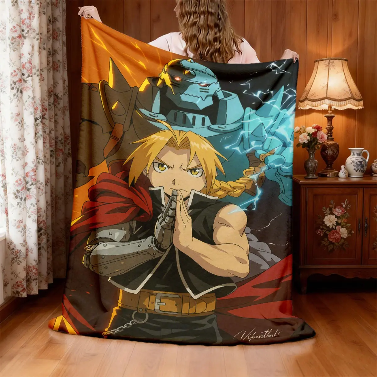 1pc Steel Alchemist Edward And Alphonso Illustration Flannel Soft Aesthetic Blanket, Comfortable Washable Allseason Use, Hypoallergenic Tearresistant, Ideal for Sofa, Bed, Office, Camping, And Trav
