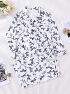 2pcs Monochrome Unicorn Print Pajama Set - Elegant Whimsical Long-Sleeve Pjs (Notch Collar + Chest Pocket + Elastic Waist) - Soft Women Adult Loungewear/Sleepwear for Cozy Nights In, Work From Home & Gift Giving