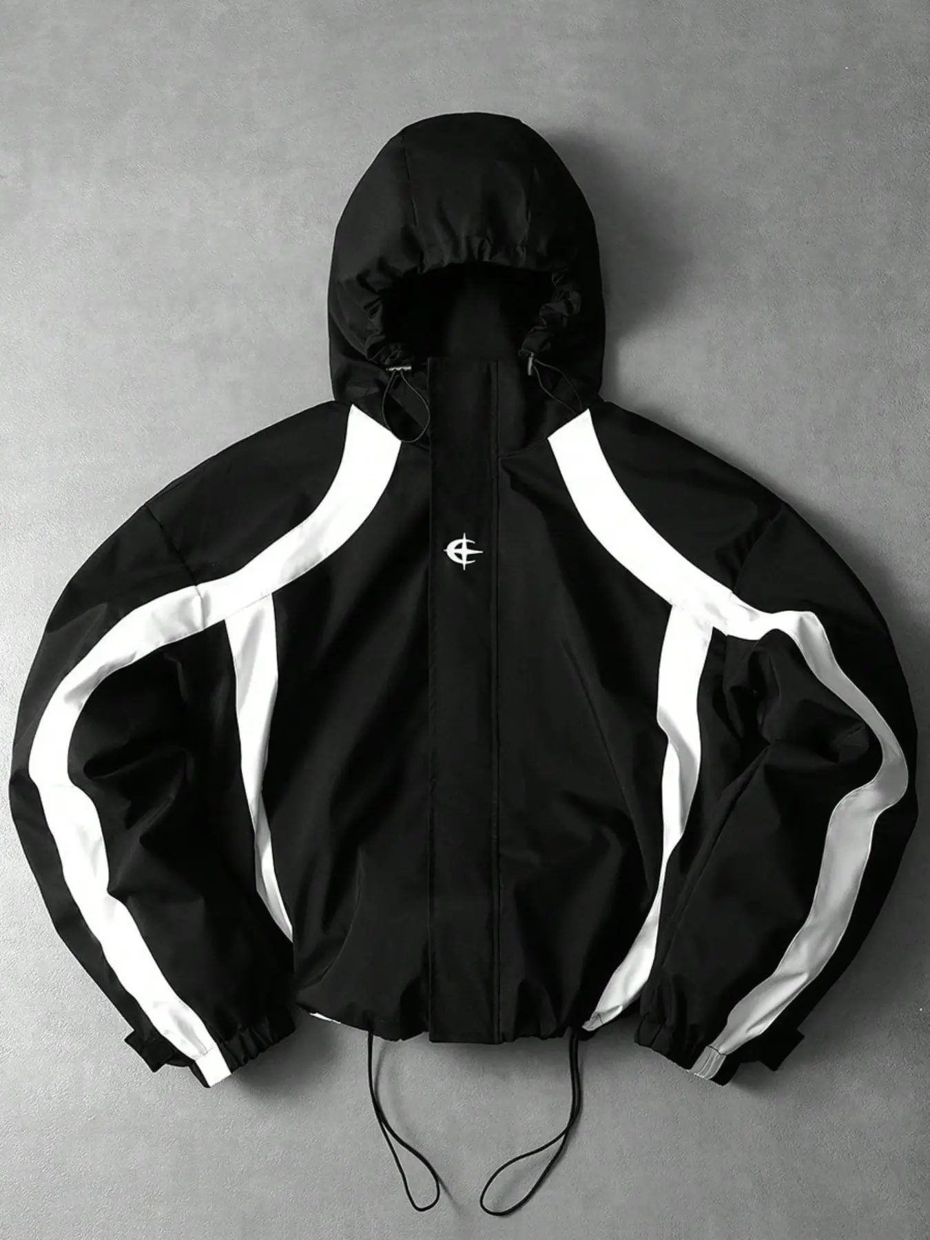 Men's Windproof Hooded Casual Jacket American High Street Dark Aesthetic Front Star Embroidery All-over White Curved Color Block Stripes Fitted Crop Cut Trendy Youth Streetwear Clubbing