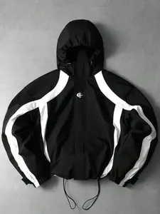 Men's Windproof Hooded Jacket American High Street Dark Aesthetic Front Star Embroidery All-over White Curved Color Block Stripes Fitted Crop Cut Trendy Youth Streetwear Clubbing