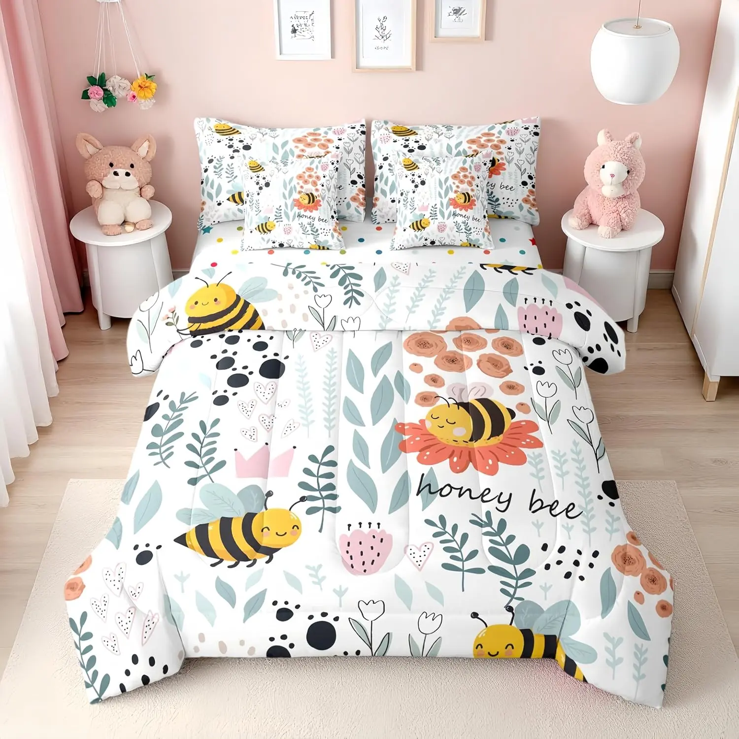 7 Piece Bee Bedding Set,Honeybee Floral Cute Comforter Set with Sheets Pink Flower Green Leaf Farmhouse Bed in a Bag Cartoon Animal Print Fitted + Flat Sheet