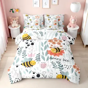 7 Piece Bee Bedding Set,Honeybee Floral Cute Comforter Set with Sheets Pink Flower Green Leaf Farmhouse Bed in a Bag Cartoon Animal Print Fitted + Flat Sheet