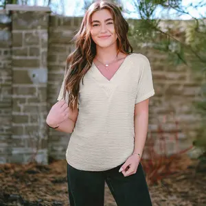 Pale Khaki Textured Wide Sleeve V Neck T Shirt
