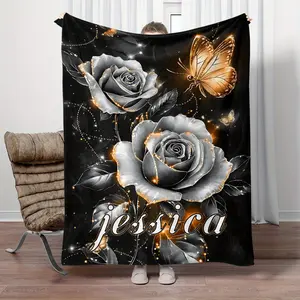 1 Piece Cool Rose Custom Name Portable Blanket - Lightweight Flannel Throw Blanket, Suitable for Sofa, Bed, Travel, Camping, Living Room, Office, Chair and Bed - Soft and Warm Digital Printed Flannel Fabric