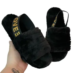 Comfortable cozy black pantunfla fluffy slipper winter slippers Walking Shoes Footwear