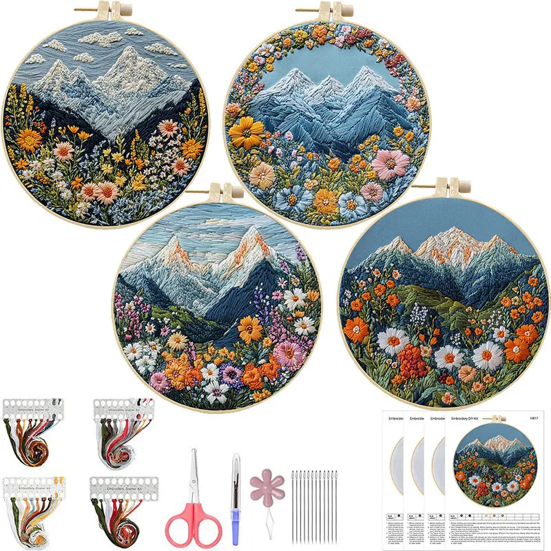 Beginner DIY Embroidery Kit - 4 Pre-Printed Mountain & Embroidered Floral Design Patterns, Embroidery Hoops, Needlework Tools