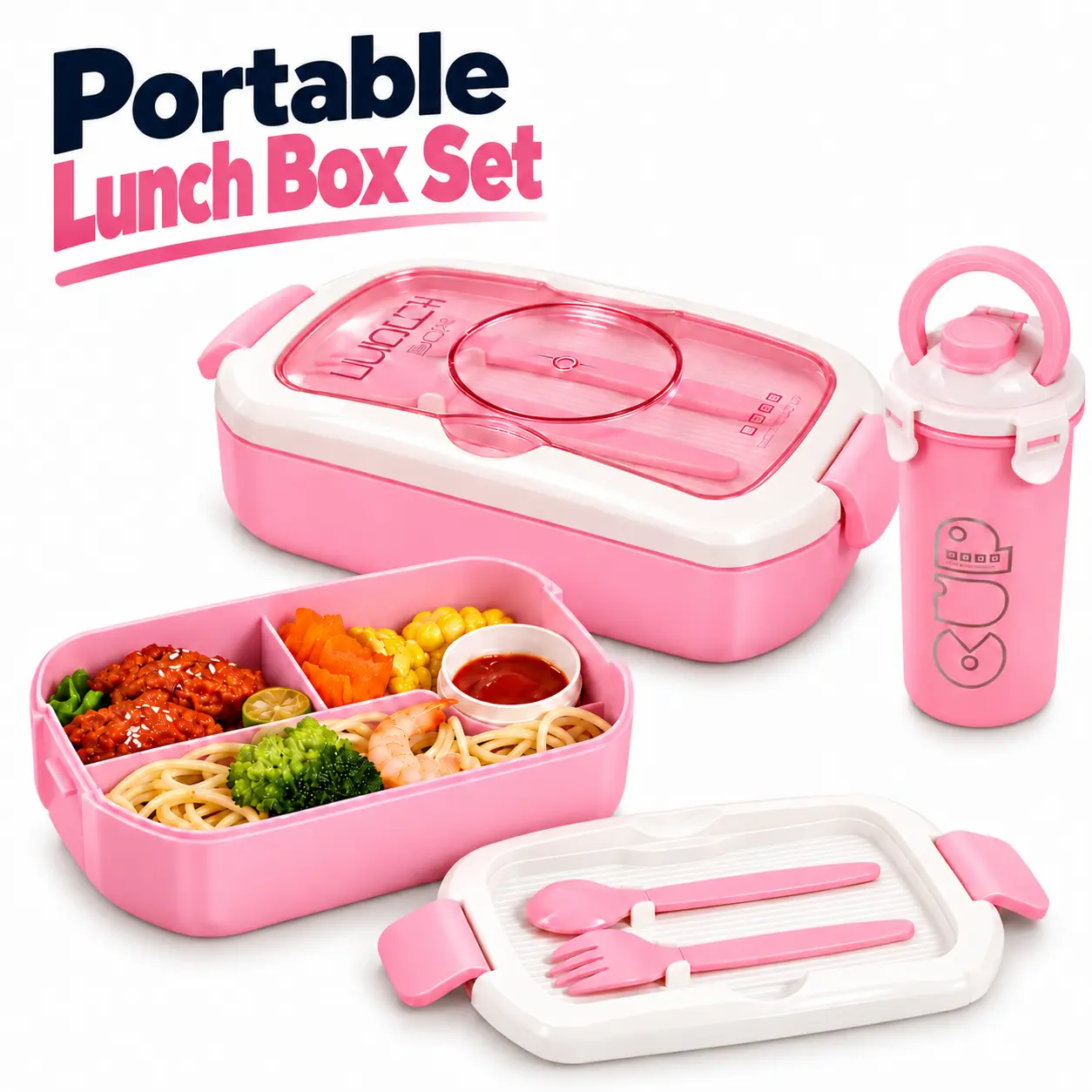 Stylish Compartmental Bento Lunch Box Set - 1 Microwave-Safe Food Container with Multiple Comp., Lid, Utensil Storage, Sauce Cup/Ketchup Holder for School & Travel