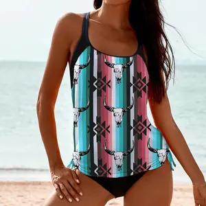 SHESHOW Aztec Bull Skull Country Western Tankini Set For Women