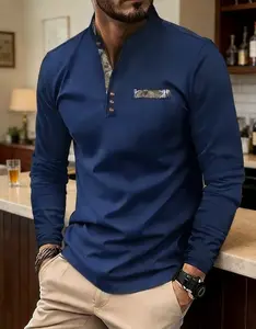 Men's casual long sleeved shirt with leopard print pocket - lightweight elastic polyester, stand up collar, autumn and winter button details