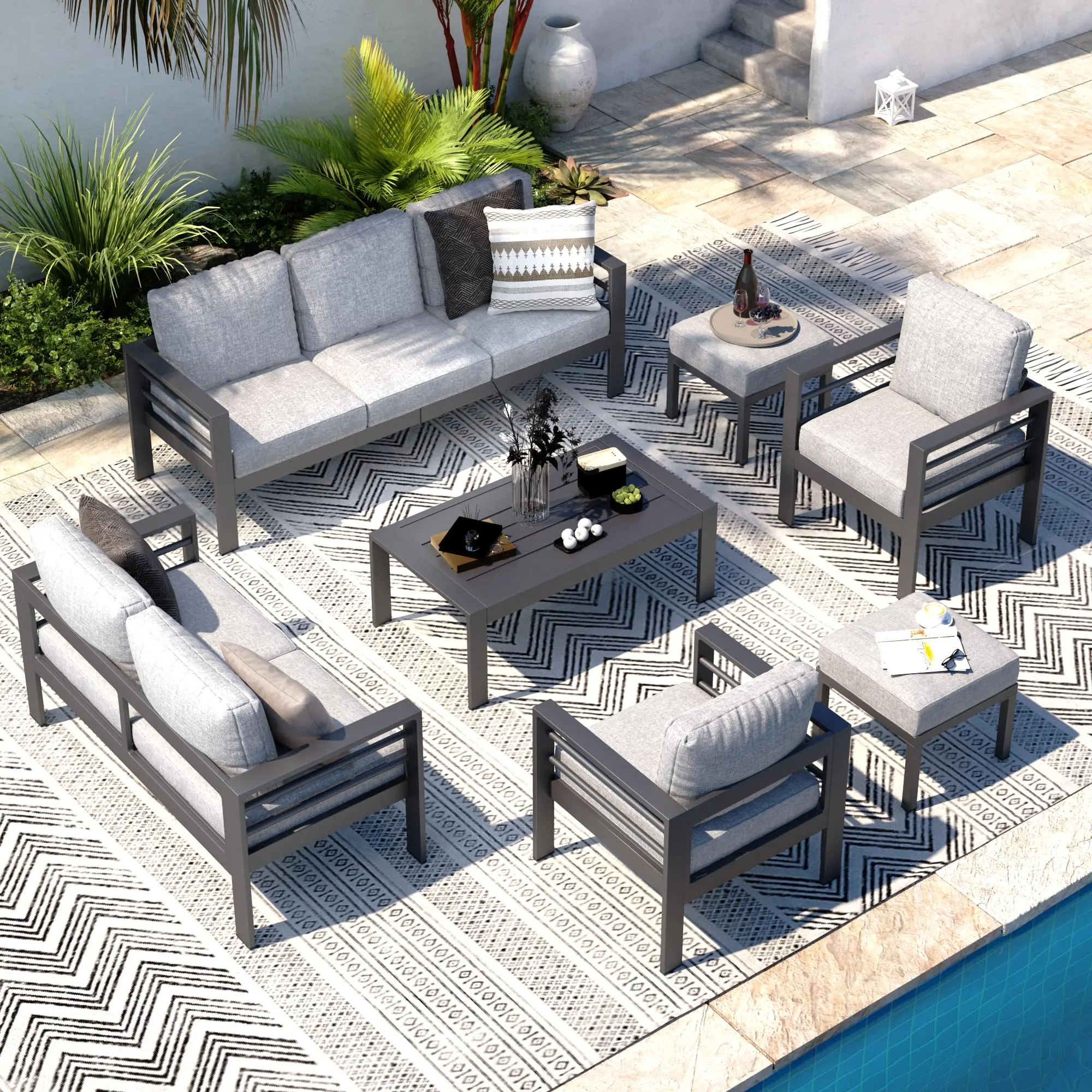 【3 to 4 packages arrived at different times】AECOJOY Aluminum Patio Furniture Set with Waterproof Cover, 7 Pieces with Coffee Table, 120" x 97.7" x 31.5"Thicker Foam Machine Washable Luxury