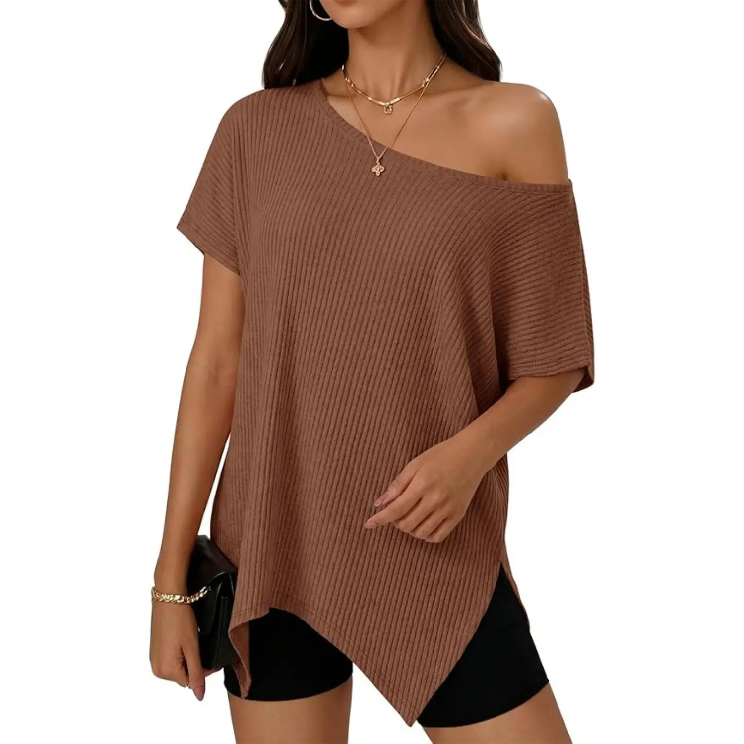 FISOEW Women's Asymmetrical Off-Shoulder Tunic Top, Casual Ribbed Knit Baggy Blouse with Smooth Short Sleeves for Summer Outfits, Shortsleeve, Stretchy