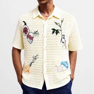 KZZ Men's Embroidered Knit Top Summer Short-Sleeve Openwork Crochet Cardigan Polo Shirt Casual Menswear