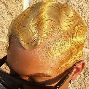 Fashionable New Honey Blonde Finger Wave Human Hair Wig Pixie Cut Wigs for Women Human Hair 4INCH Short Finger Ocean Wave Wig for Beginners with Bangs Perfect for Christmas Party, Cosplay, Daily Use Glueless Full Machine Made Wigs 27 Color Layered Pixie C