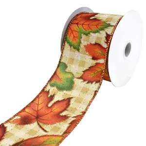 Leaves Plaid Wired Autumn Fall Ribbon, 2-1/2-Inch, 10-Yard