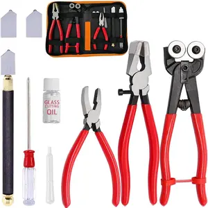Glass Cutting Tool Set Kit, Wheeled Glass Tile Nippers,Glass Running Pliers,Breaking Pliers, Oil Feed Glass Cutter Set with Leather Zipper Bag for Stained Glass, Tiles, Mosaic, Mirrors,Bottle, Fusing