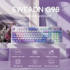 EWEADN G98 RGB Gaming Keyboard Wired, Retro Creamy Membrane Keyboards with Media Knob, Number Pad RGB Backlit, 98 Keys Quite Membrane Computer Keyboard for MAC Xbox PC Gamer- Sky Blue