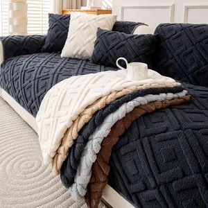 Winter Thickened Plush Sofa Cushion Cover, Non-Slip Durable Leather Protector, Universal Soft Sofa Protector, Warm Cotton Velvet Fabric, Washable Sofa Slipcover, Simple Solid Color Design