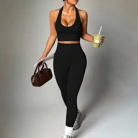 2-piece casual fashion sexy halter solid color sports vest and long pants, stretchy breathable tight yoga vest and long pants, women's yoga outfit, Exercise Clothing Set, Halter Yoga Set, Women Workout Clothes