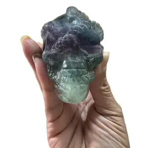 Rainbow Fluorite Crystal Skull Ornament for Home Office Shop Decor - Emotional Balance Mental Focus Spiritual Protection Healing Stone Natural Decorative Piece store spooky Halloween