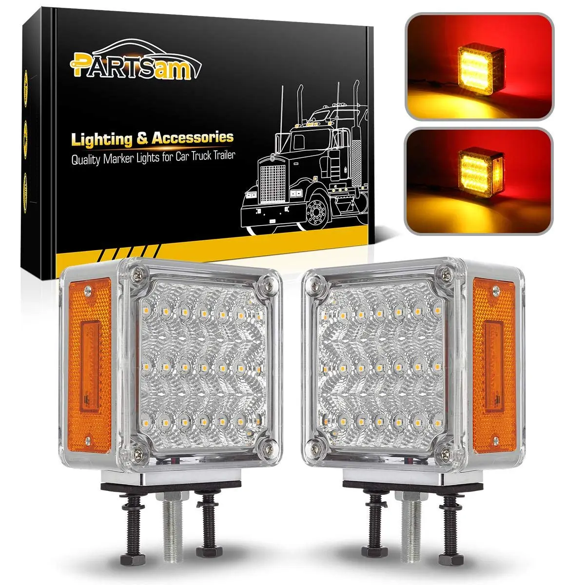Partsam 2X Square Double Face LED Pedestal Light Cab Fender Turn Signal Light for Truck Towing Trailer,Dual Face LED Stop Turn Tail Parking Light Replacement for Trucks