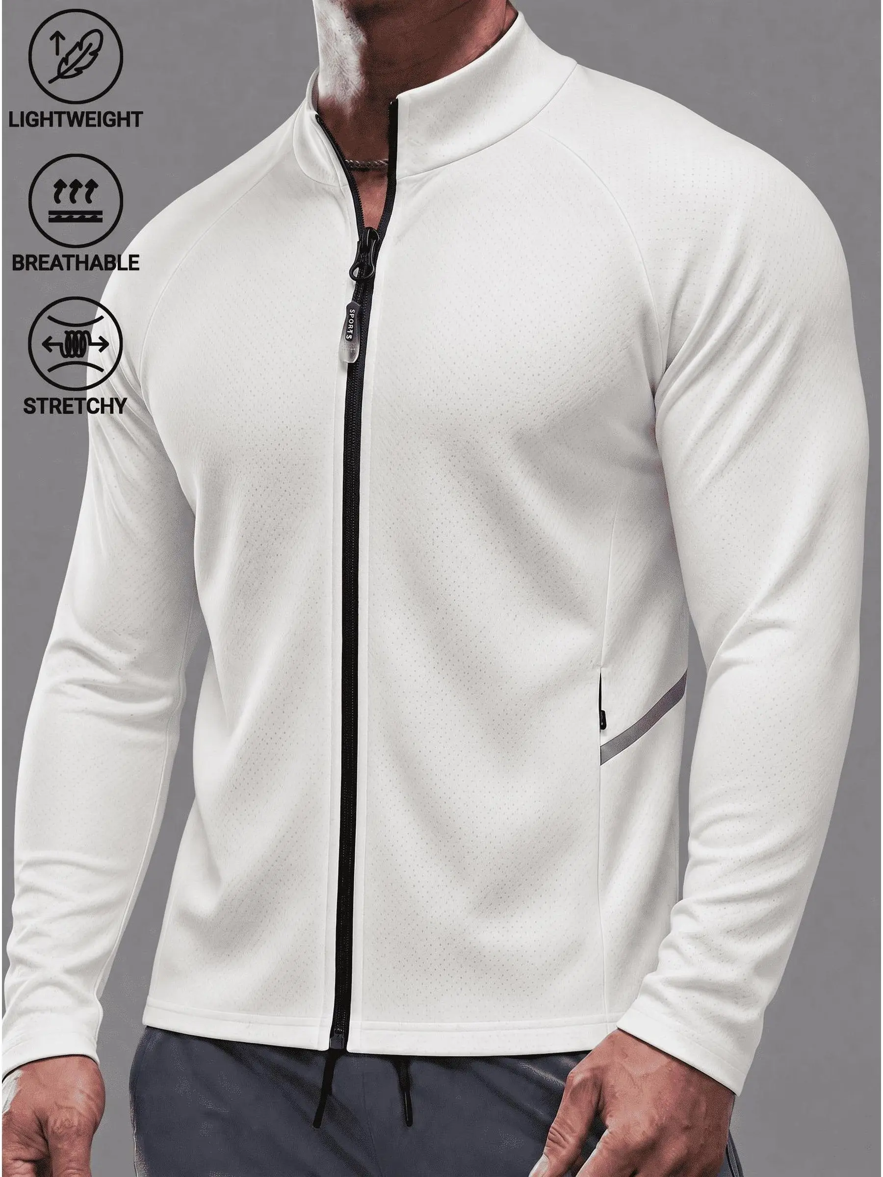 Male Fitted Cut Stand Collar Zip-Up Athletic Jacket - Lightweight Breathable Stretchy Mesh Fabric, Reflective Strips, Side Pocket, Raglan Sleeve Running Gear for Gym, Outdoor Activities, Multiple Colors, Machine Wash, Sports Jacket, Athletic Chic, Mesh Po