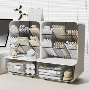 Modern Plastic Desktop Storage Box with Drawer, Multi-Compartment Pen Holder, Desk Organizer Tidy, 6 Sections for Pencils & Accessories, Office Supplies Organizer