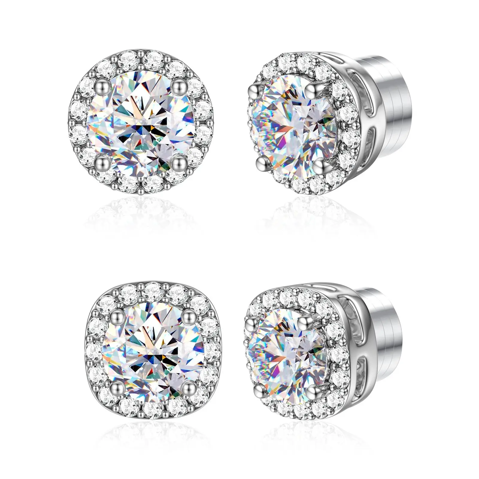 Silver Stainless Steel Magnetic Fake Piercing Stud Earrings - Unisex, No Piercing Required, 6.5mm Mini Adjustable Disc-Shaped Moissanite Flatback Studs, Men's & Women's Fashion Costume Jewelry for Outdoor Use, Magnetic Earrings, Men's Earrings Magnet