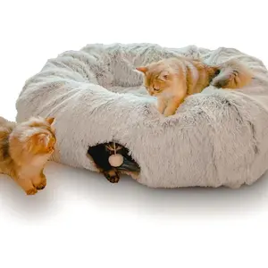 Extra Large Cat Tunnel Bed for Indoor Cats Peekaboo Cat Cave Donut with Center Mat